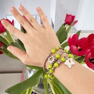 Vintage Boho Beaded Lime Green Silver Bracelets